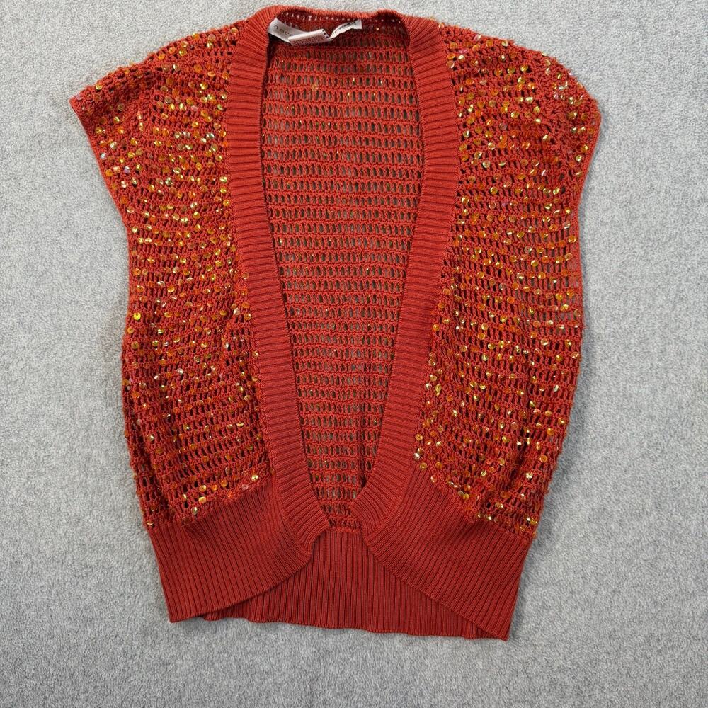 Necessary Objects Women's S Rust Orange Sequin 100% Silk Open Knit Cardigan Vest